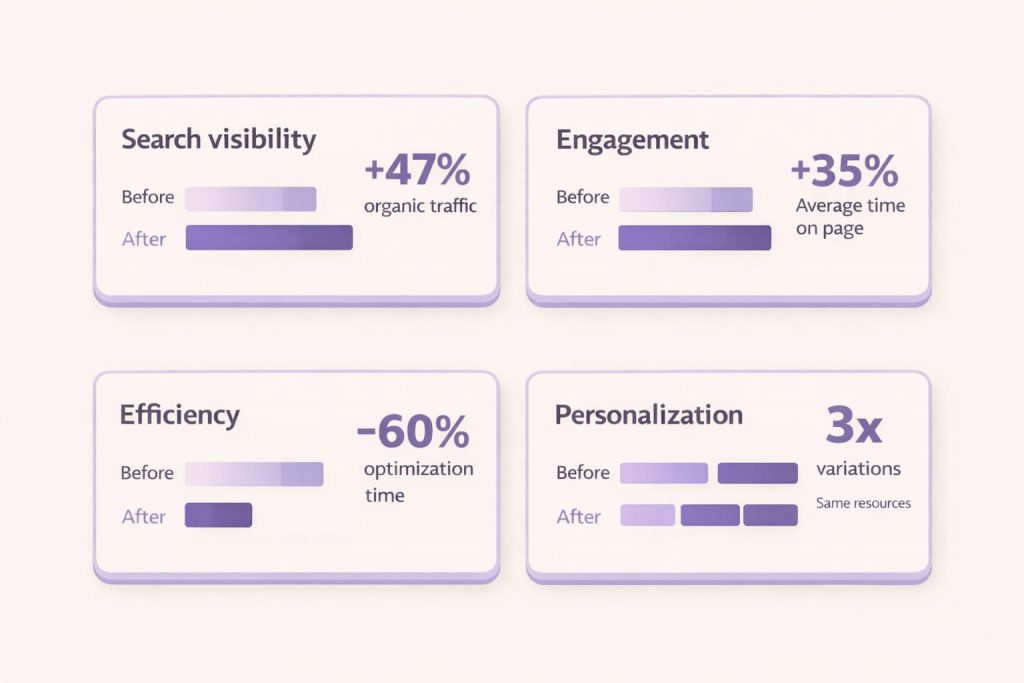 Before and after metrics showing AI content optimization impact on traffic, engagement, and efficiency