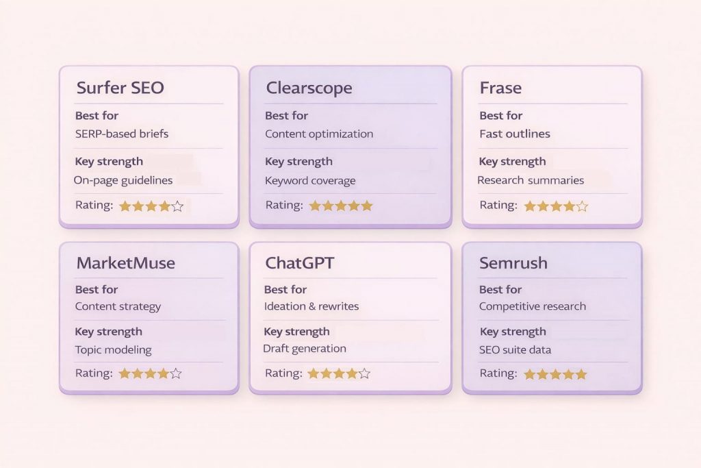Comparison matrix of popular AI content optimization tools showing pricing, features, and best use cases